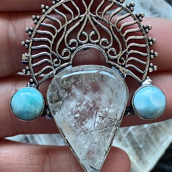 Larimar and Tourmalinated Quartz Boho Pendant - Picture 3 of 8